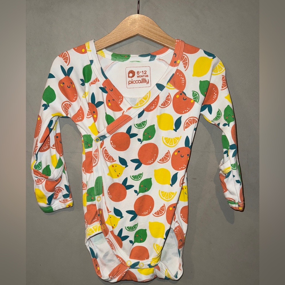 Piccalilly UK Organic Cotton Wrap-Over Bodysuit citrus fruit 6-12 months